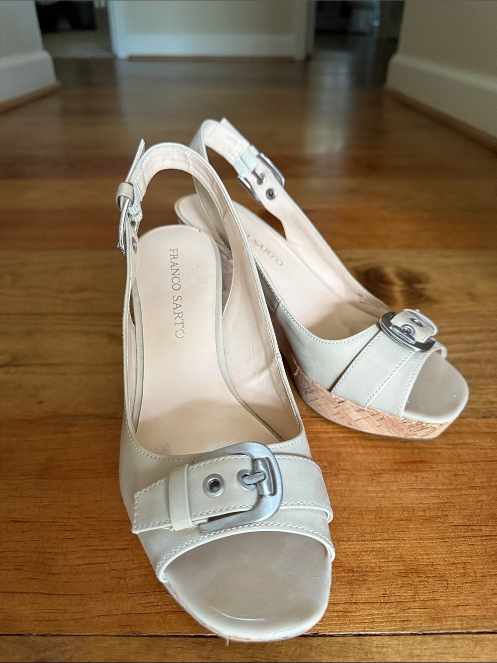 Franco Sarto Cream Leather Open-Toe Buckle Slingback Wedges